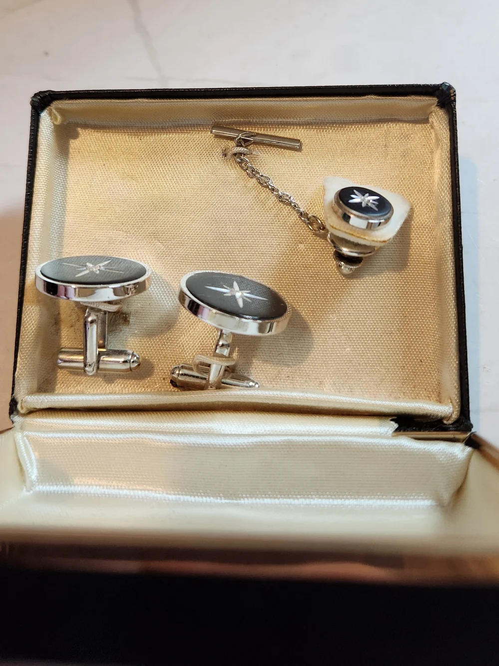 Vintage Anson Black Onyx Starburst Cufflinks and Tie Tack Set